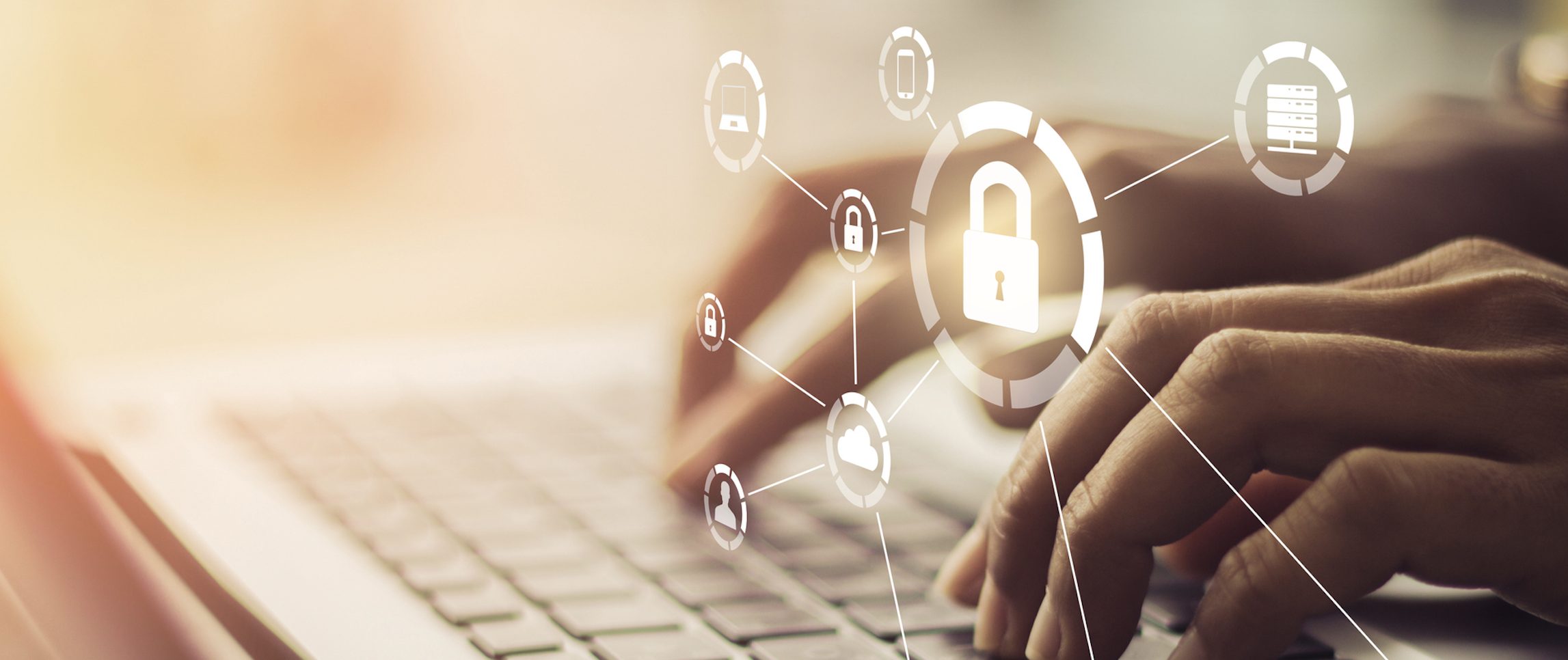 Person typing on a laptop with digital security lock icons overlay, representing secure online browsing and cybersecurity